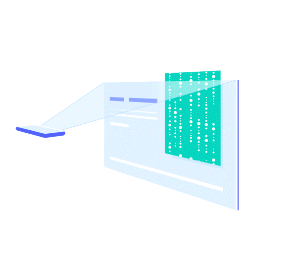 A phone projects an article; the beaded data panel hangs over the page — light mode